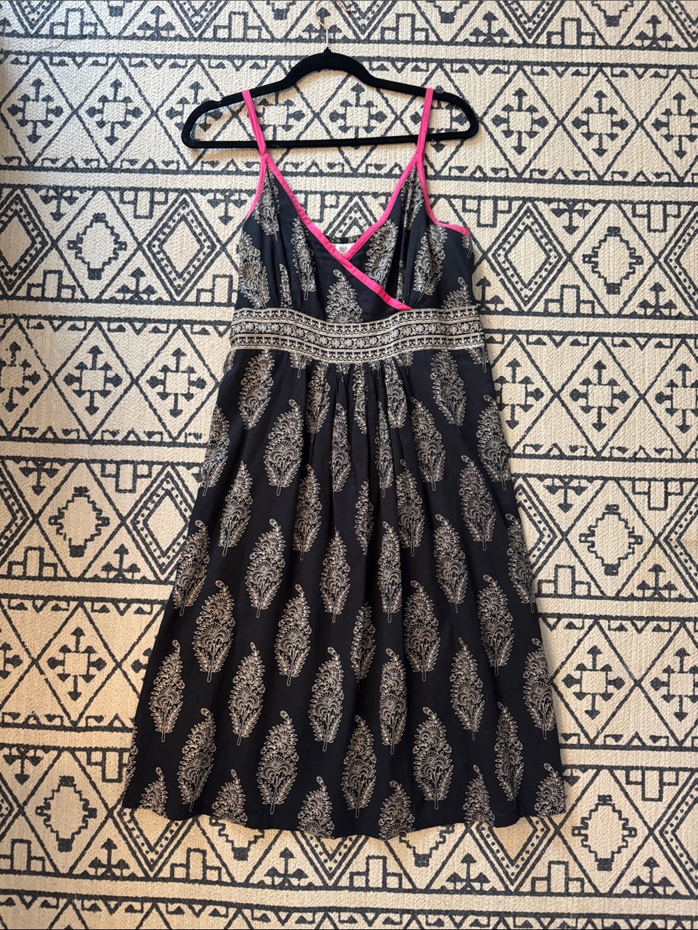 Black Block Printed Spaghetti Strap Dress with Pink Trim